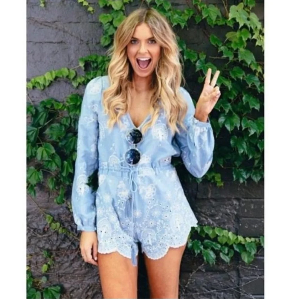 Spell & The Gypsy Casablanca Chambray Embriodered Romper Size Extra Small - Picture 3 of 14
